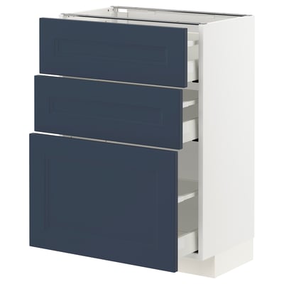 An ikea METOD kitchen cabinet with blue axstad drawers. Its a modern design with three drawers and a white frame.