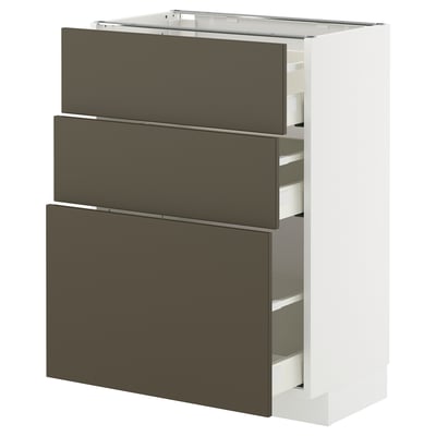 A white METOD kitchen unit with three dark brown drawers and a pull-out shelf.