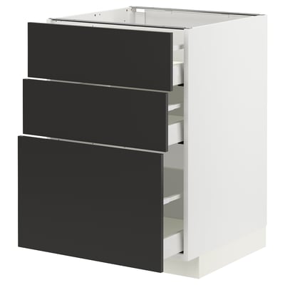 METOD kitchen unit in white with 3 black drawers, sleek modern design.