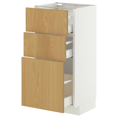 METOD kitchen cabinet in white and oak. Three open wooden drawers, smooth-running and self-closing.