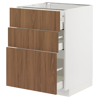 Modern kitchen unit: METOD, white & walnut, 3 drawers, sleek, durable.