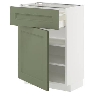 Ikea METOD kitchen unit with green axstad drawer and door, white cabinet, adjustable shelves.