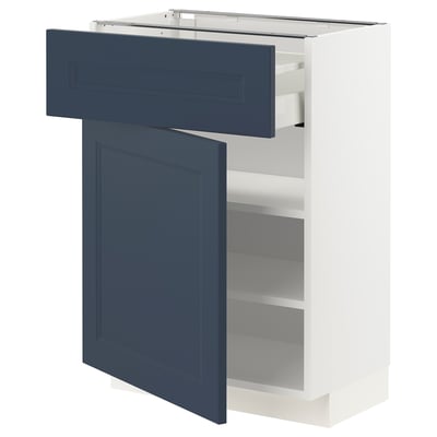 METOD kitchen unit with blue axstad drawers and door, white base.