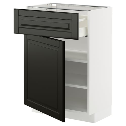 Modern kitchen unit: white base, black drawer & door. Pull-out drawer, sleek design.