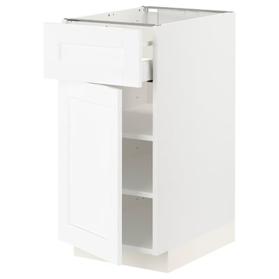 METOD white kitchen cabinet with smooth drawer and adjustable shelves.