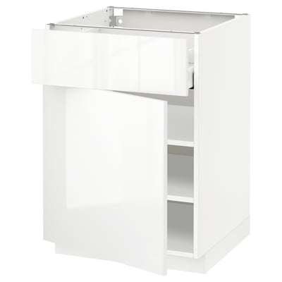 White high-gloss kitchen cabinet with open shelf and drawer.