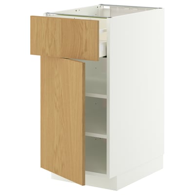 METOD kitchen unit, light oak and white. Tall cabinet with drawer and shelves, integrated hinges.