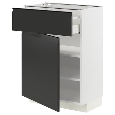 Modern kitchen cabinet, white with black doors, sleek design, adjustable shelves.