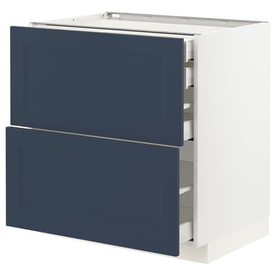 Modern kitchen cabinet, blue, white, rectangular, with drawers.