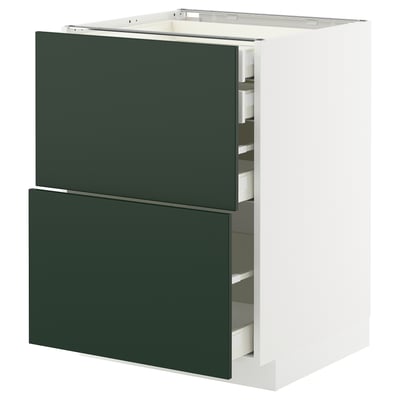 Modern tall kitchen unit with dark green drawers and white frame.
