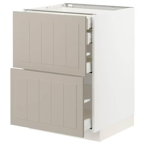 Modern white METOD kitchen unit with beige drawer fronts and vertical groove design.