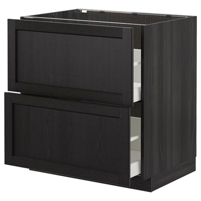 Black stained wooden kitchen cabinet with two open drawers, part of METOD series, modern & traditional design.