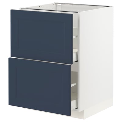 METOD cabinet in white with dark blue drawers and doors.