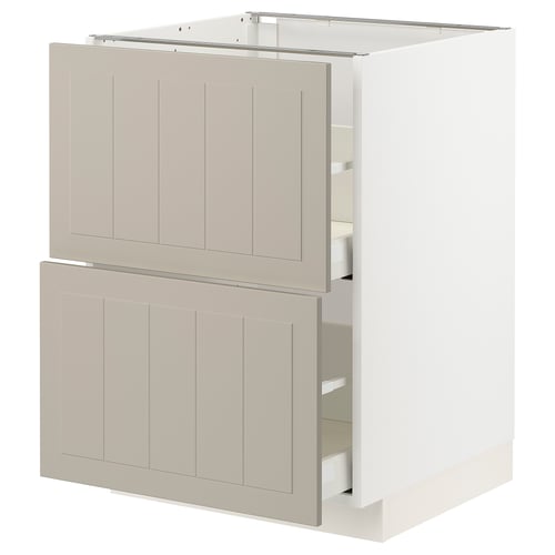 METOD kitchen unit with beige stensund fronts, rectangular shape, wooden panels, two deep drawers and a cabinet.
