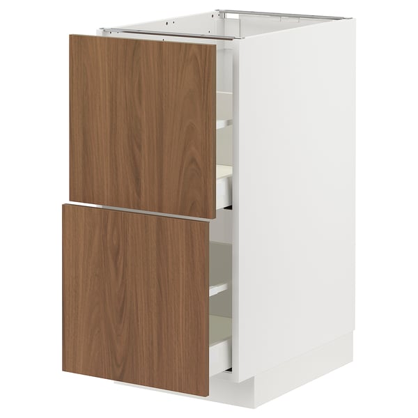 Modern kitchen cabinet in white with walnut drawers, rectangular shape and sleek design.