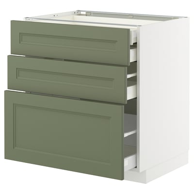 Modern green kitchen cabinet with pull-out drawers. Sleek design, organized storage.