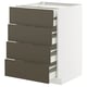 Modern kitchen cabinet with four open dark brown drawers in white frame.