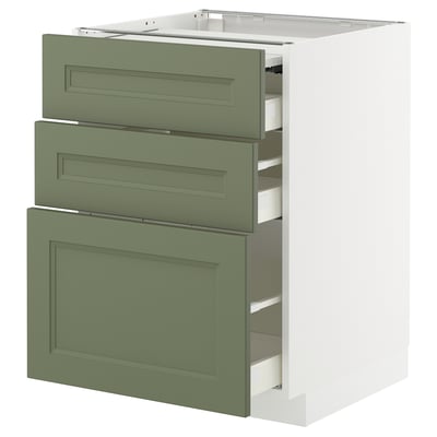 Modern kitchen unit: METOD with 3 green drawers, sleek design, sturdy white frame, smooth drawer runners.