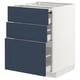White METOD cabinet with blue drawers, three drawers open, sleek modern design.