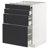Modern white METOD kitchen cabinet with black drawers, showcasing organized compartments and a sleek design.