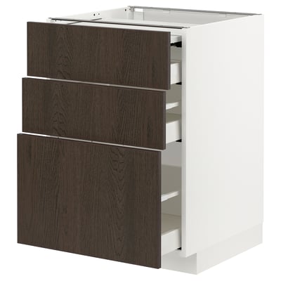 Modern kitchen cabinet. White base, dark wood drawers. Three drawers, sleek, contemporary design.