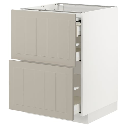 Beige METOD kitchen cabinet with two drawers and double door, white frame, panel design.