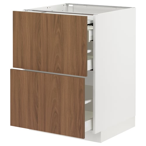 Modern white kitchen cabinet with walnut drawers, sleek design, sturdy construction.