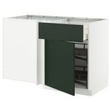 A white and dark green modern kitchen unit from the METOD system. It a pull-out cabinet for storage.
