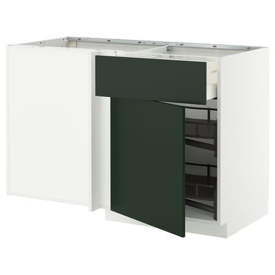 A white and dark green modern kitchen unit from the METOD system. It a pull-out cabinet for storage.