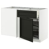 Modern white kitchen unit with dark stained drawer and pull-out shelves.