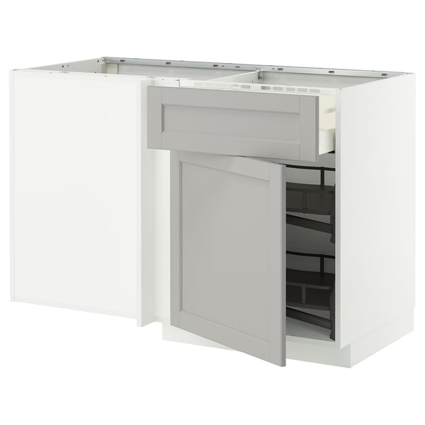METOD kitchen unit in light grey with open drawer, beveled edges, birch & fibreboard.