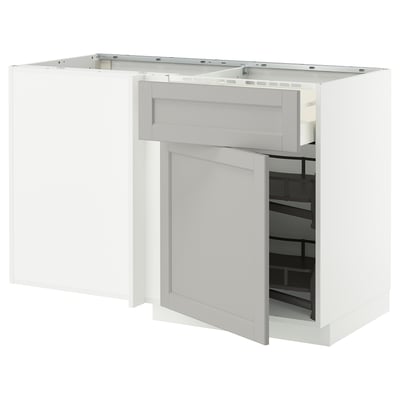 METOD kitchen unit in light grey with open drawer, beveled edges, birch & fibreboard.