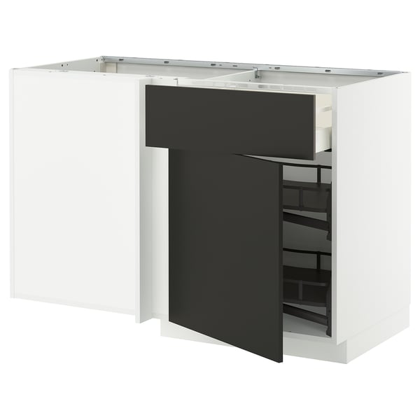 Modern white and black kitchen unit with pull-out shelf and open drawer, sleek minimalist design.