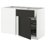Modern white and black kitchen unit with pull-out shelf and open drawer, sleek minimalist design.