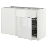 White modern kitchen unit, glossy finish, sleek design with open shelf, black interior, sturdy frame.