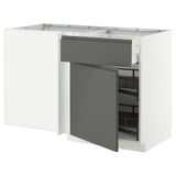 Modern kitchen unit, white and grey, t-shape, with open drawer.