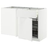 White METOD kitchen unit with open door, modern minimalist design, sturdy frame, pull-out shelf.