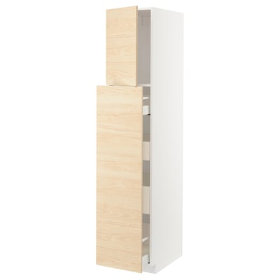 A tall, white METOD kitchen cabinet with light ash wood-patterned doors. It has multiple shelves and a sleek, modern design.