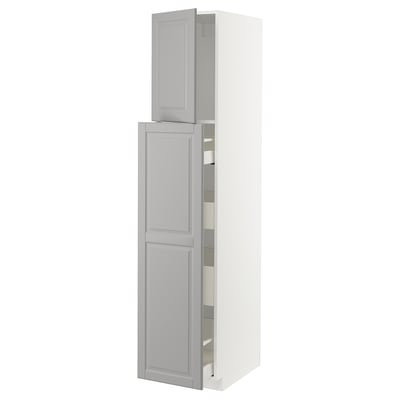 A light grey, tall METOD kitchen cabinet with bevelled edges and multiple shelves, part of the ikea kitchen system.
