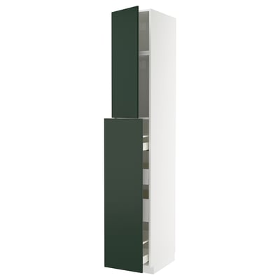 Modern tall kitchen cabinet with green havstorp doors, white frame, and multiple shelves.