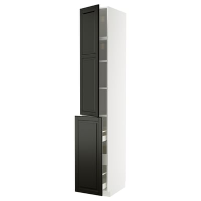 Modern black and white cabinet. Tall and rectangular, with glass doors. Streamlined, sleek design.
