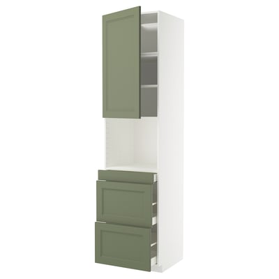 A METOD kitchen cabinet in white with green axstad doors and drawers. It a tall cabinet with shelves and two pullout drawers.