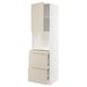 White and beige kitchen cabinet with drawers and shelves.