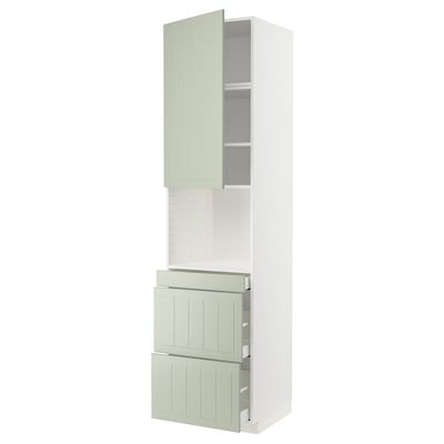 A light green METOD kitchen cabinet unit with drawers and shelves. It a sleek, vertical design with modern, crafted look fronts.