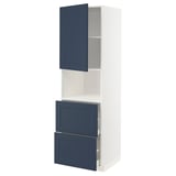A white and blue kitchen cabinet unit with one open door and one open drawer. It a modern design with sturdy construction and smooth-running drawers.