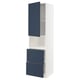A blue and white tall kitchen cabinet with two drawers and an open shelf top.
