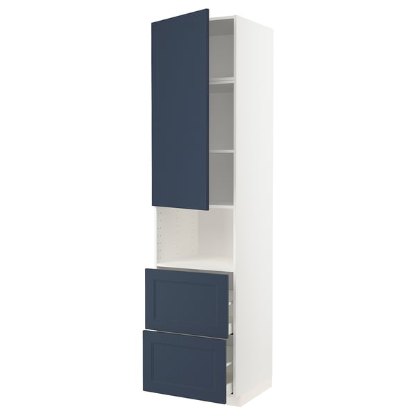 A white METOD kitchen cabinet with dark blue doors and drawers. It has a tall and narrow shape with a modern design.