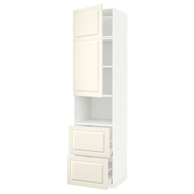 METOD white kitchen cabinet with off-white doors, full drawers, beveled edges, and sturdy frame.
