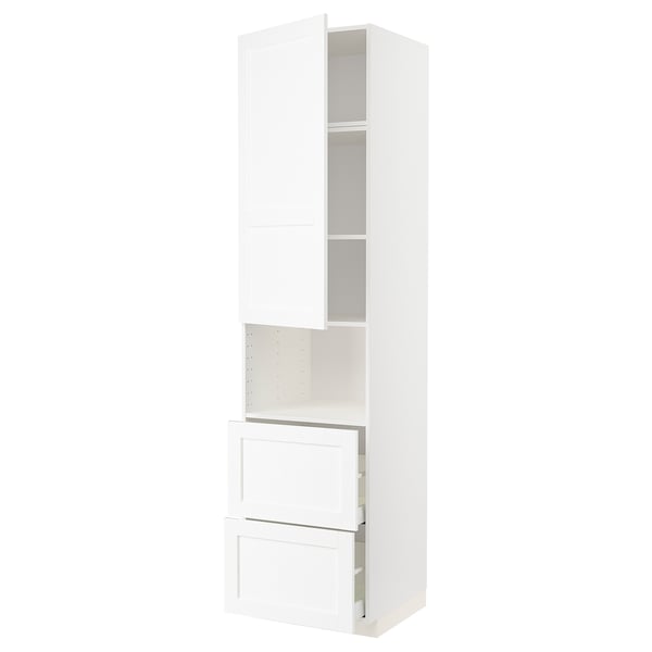 METOD kitchen unit with white foil and wood grain design, tall and rectangular with drawers and shelves.