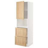 A METOD kitchen cabinet with a white frame and wooden doors, featuring an open upper cabinet and two open drawers.